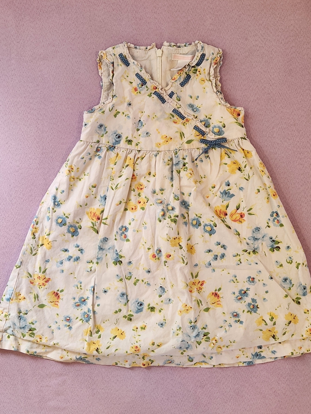 2009 Janie and Jack 3T Yellow & Blue Floral Polka Dot Ribbon Sleeveless Dress